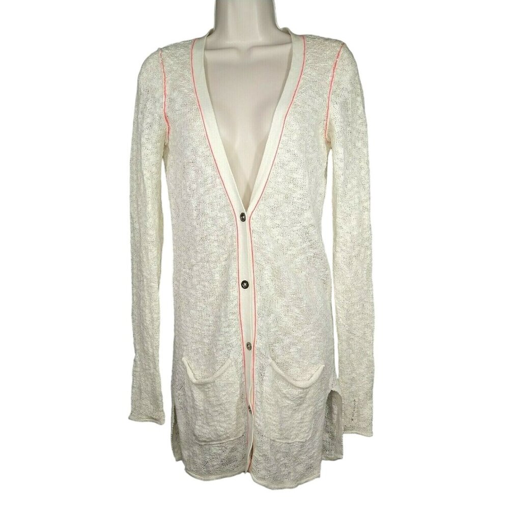 BKE Knit Cardigan Sweater Duster Button Up Women Size XS Cream Pink Pockets